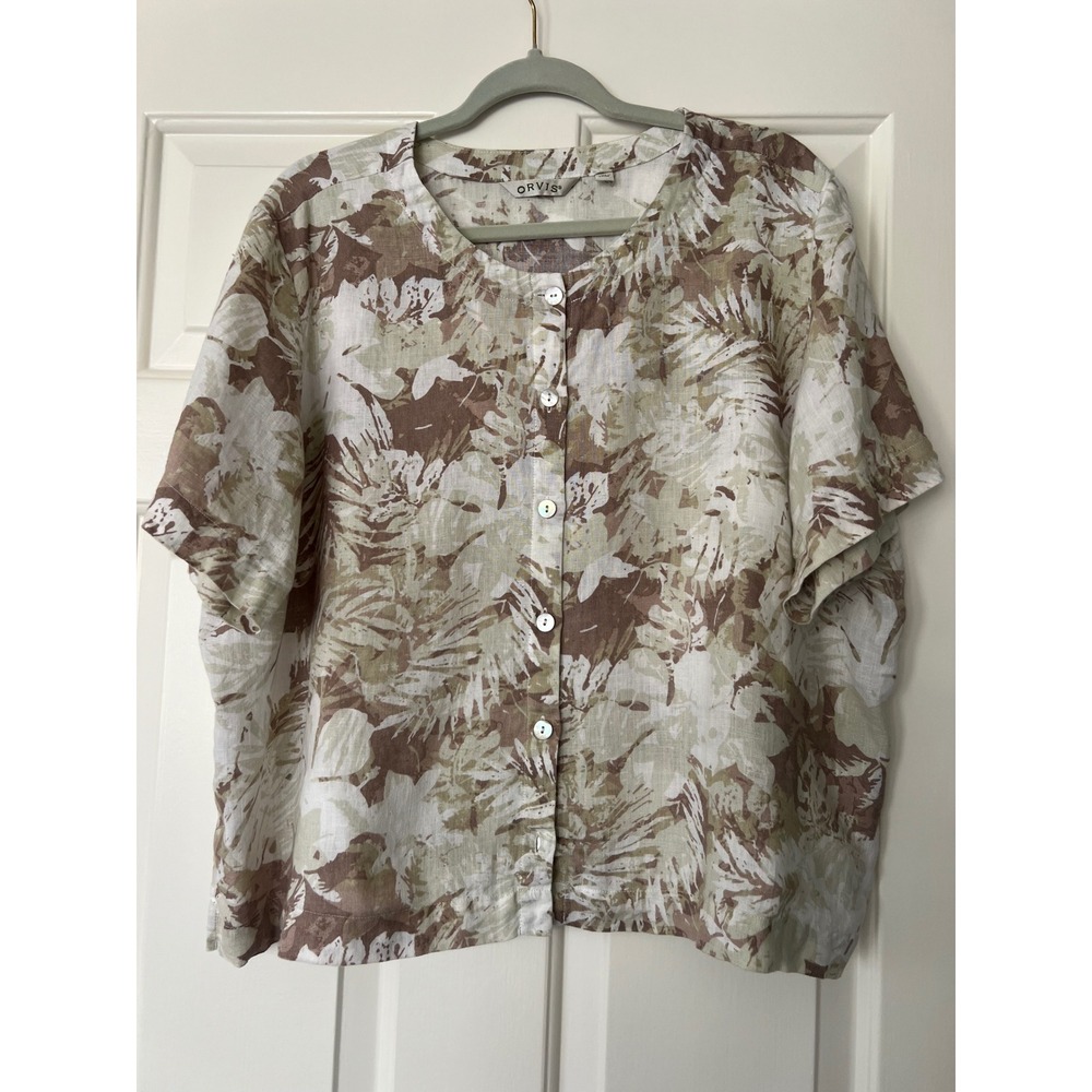 Orvis Womens XL 100% Linen Tan Botanical Palm‎ Print Button Front Blouse